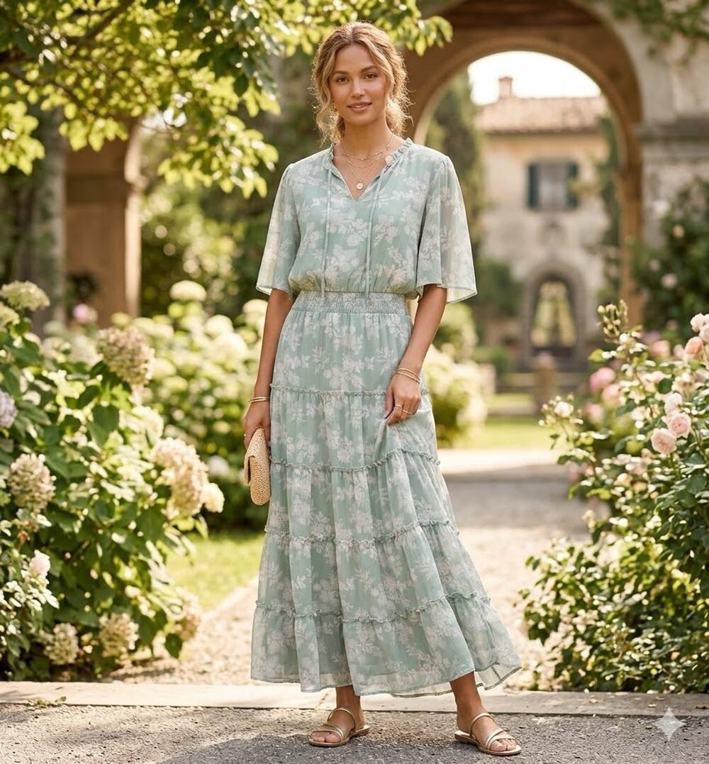 NWT Berkley Jensen Sage Green Floral Tiered Chiffon Maxi Dress Sz XXL